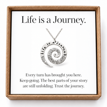 Load image into Gallery viewer, Life Is a Journey Hand-Stamped Pewter Swirl Necklace