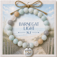 Load image into Gallery viewer, Carded Barnegat Light Silvertone Beach Tag Amazonite Beaded Bracelet with twine bow