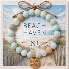 Load image into Gallery viewer, Carded Beach Haven Goldtone Beach Tag Amazonite Beaded Bracelet with twine bow