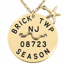 Load image into Gallery viewer, A goldtone Brick Twp NJ Beach Tag necklace with starfish charm