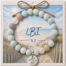 Load image into Gallery viewer, Carded LBI NJ Silvertone Beach Tag Amazonite Beaded Bracelet with twine bow