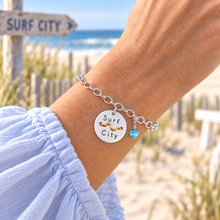 Load image into Gallery viewer, Surf City Beach Tag Charm Bracelet – Hand-Stamped NJ Jewelry
