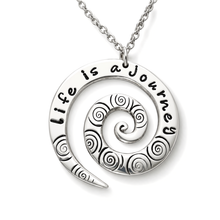 Load image into Gallery viewer, Life Is a Journey Hand-Stamped Pewter Swirl Necklace