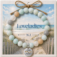 Load image into Gallery viewer, Carded Loveladies Silvertone Beach Tag Amazonite Beaded Bracelet with twine bow