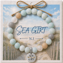 Load image into Gallery viewer, Carded Sea Girt Silvertone Beach Tag Amazonite Beaded Bracelet with twine bow