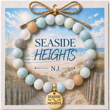 Load image into Gallery viewer, Carded Seaside Heights Goldtone Beach Tag Amazonite Beaded Bracelet with twine bow
