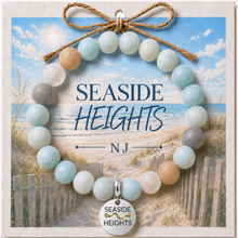 Load image into Gallery viewer, Carded Seaside Heights Silvertone Beach Tag Amazonite Beaded Bracelet with twine bow