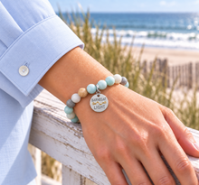 Load image into Gallery viewer, Amazonite Barnegat Light beach tag bracelet in silvertone worn by the ocean