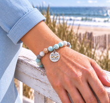 Load image into Gallery viewer,
Amazonite Beach Haven beach tag bracelet in silvertone worn by the ocean