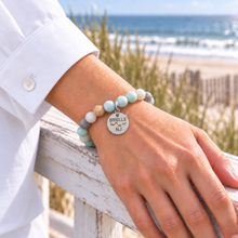 Load image into Gallery viewer, Amazonite Brielle NJ beach tag bracelet in silvertone worn by the ocean