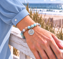 Load image into Gallery viewer, Amazonite Long Branch beach tag bracelet in silvertone worn by the ocean