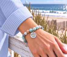Load image into Gallery viewer, Amazonite Margate NJ beach tag bracelet in silvertone worn by the ocean