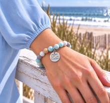 Load image into Gallery viewer, Amazonite Point Pleasant beach tag bracelet in silvertone worn by the ocean