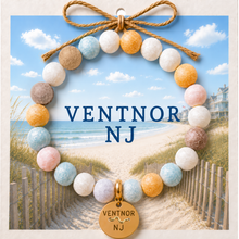 Load image into Gallery viewer, Carded Ventnor NJ Goldtone Beach Tag Amazonite Beaded Bracelet with twine bow