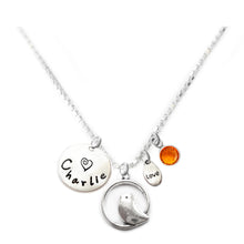 Load image into Gallery viewer, Personalized BIRD ON PERCH Charm Necklace with Sterling Silver Name