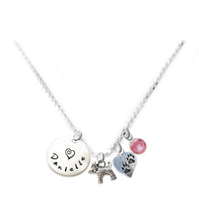 Load image into Gallery viewer, Personalized DOG AND PAWS Charm Necklace with Sterling Silver Name