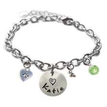 Load image into Gallery viewer, Personalized ITTY BITTY DOG AND HEART PAW Sterling Silver Name Charm Bracelet