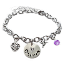 Load image into Gallery viewer, Personalized HUMMINGBIRD Sterling Silver Name Charm Bracelet