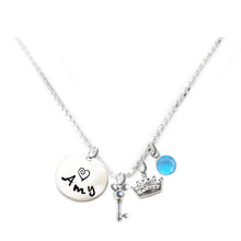 Load image into Gallery viewer, Personalized MOUSE EARS AND CROWN Charm Necklace with Sterling Silver Name