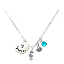 Load image into Gallery viewer, Personalized SEA HORSE Charm Necklace with Sterling Silver Name
