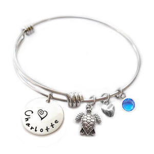 Personalized SEA TURTLE Bangle Bracelet with Sterling Silver Name