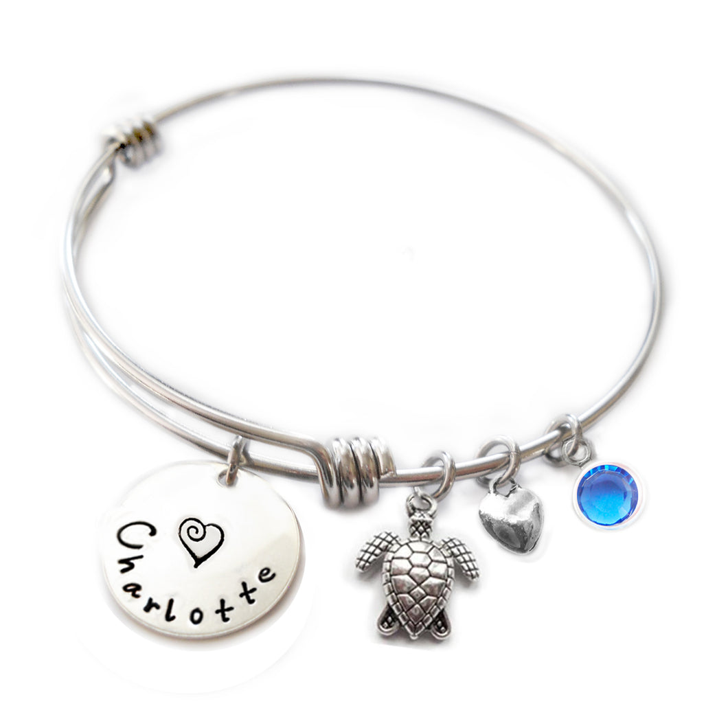 Personalized SEA TURTLE Bangle Bracelet with Sterling Silver Name
