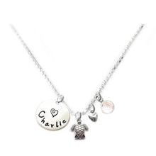 Load image into Gallery viewer, Personalized SEA TURTLE Charm Necklace with Sterling Silver Name
