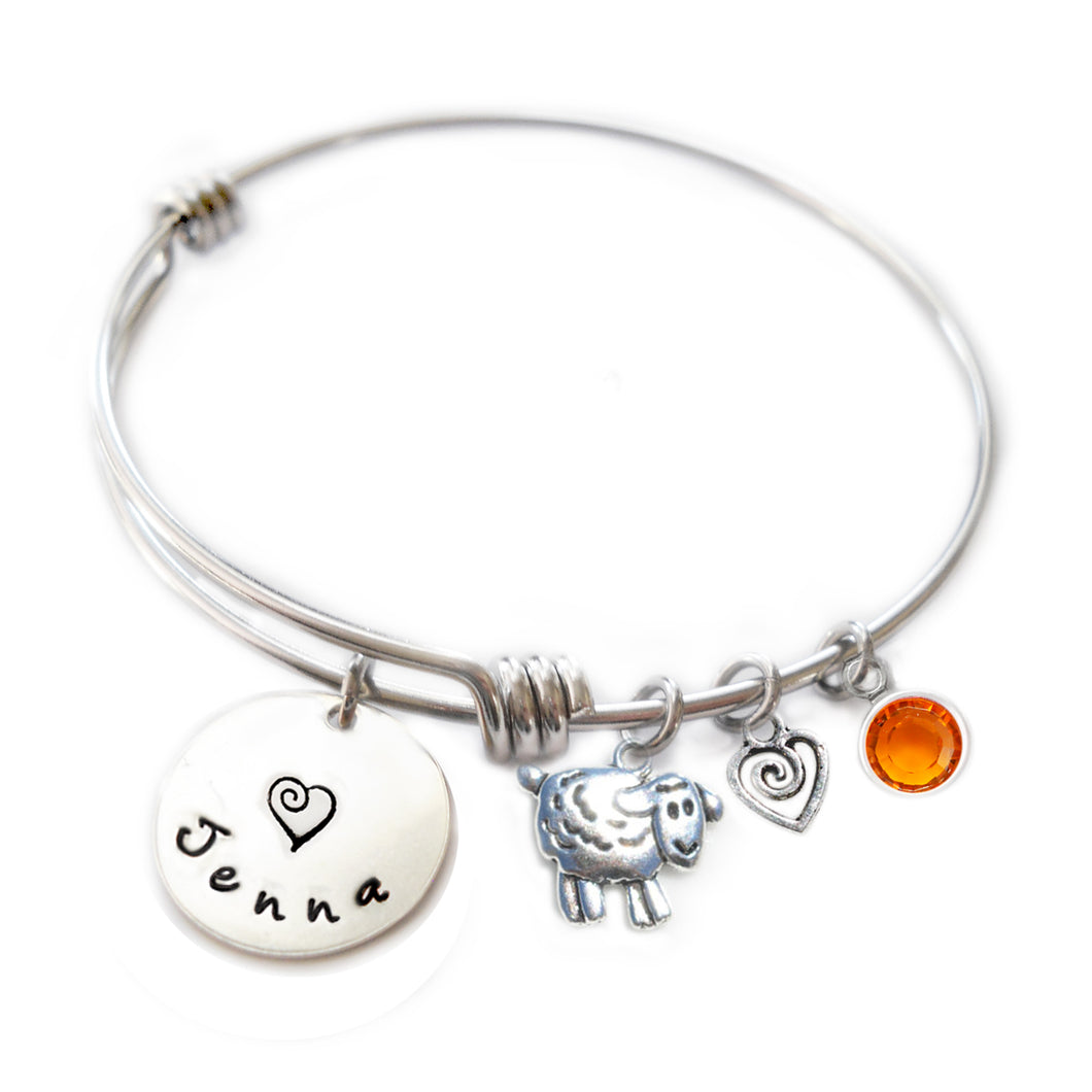 Personalized SHEEP Bangle Bracelet with Sterling Silver Name