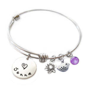 Personalized BIRDIE Bangle Bracelet  with Sterling Silver Name