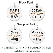 Load image into Gallery viewer, Choice of Block Font or Sandprint font beach tags

