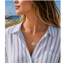 Load image into Gallery viewer, A woman at the beach wearing a Harvey Cedars NJ Beach Tag Necklace

