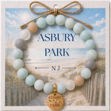 Load image into Gallery viewer, Carded Asbury Park Goldtone Beach Tag Amazonite Beaded Bracelet with twine bow
