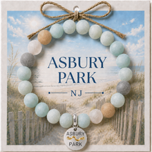 Load image into Gallery viewer, Carded Asbury Park Silvertone Beach Tag Amazonite Beaded Bracelet with twine bow
