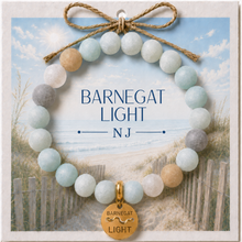 Load image into Gallery viewer, Carded Barnegat Light Goldtone Beach Tag Amazonite Beaded Bracelet with twine bow
