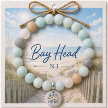 Load image into Gallery viewer, Carded Bay Head Silvertone Beach Tag Amazonite Beaded Bracelet with twine bow

