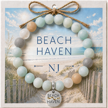Load image into Gallery viewer, Carded Beach Haven Silvertone Beach Tag Amazonite Beaded Bracelet with twine bow
