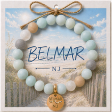 Load image into Gallery viewer, Carded Belmar NJ Goldtone Beach Tag Amazonite Beaded Bracelet with twine bow
