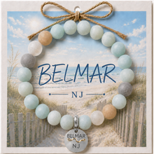 Load image into Gallery viewer, Carded Belmar NJ Silvertone Beach Tag Amazonite Beaded Bracelet with twine bow
