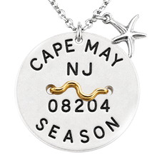 Load image into Gallery viewer, A silvertone Cape May NJ beach tag necklace with starfish
