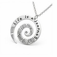 Load image into Gallery viewer, Life Is a Journey Hand-Stamped Pewter Swirl Necklace
