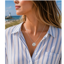 Load image into Gallery viewer, A woman at the beach wearing a Jersey Girl 2026 beach tag pendant necklace
