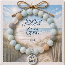 Load image into Gallery viewer, Carded Jersey Girl Silvertone Beach Tag Amazonite Beaded Bracelet with twine bow
