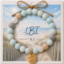 Load image into Gallery viewer, Carded LBI NJ Goldtone Beach Tag Amazonite Beaded Bracelet with twine bow

