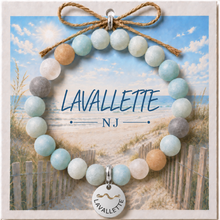 Load image into Gallery viewer, Carded Lavallette Silvertone Beach Tag Amazonite Beaded Bracelet with twine bow
