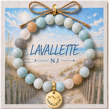 Load image into Gallery viewer, Carded Lavallette Goldtone Beach Tag Amazonite Beaded Bracelet with twine bow
