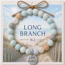 Load image into Gallery viewer, Carded Long Branch Silvertone Beach Tag Amazonite Beaded Bracelet with twine bow
