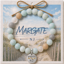 Load image into Gallery viewer, Carded Margate NJ Silvertone Beach Tag Amazonite Beaded Bracelet with twine bow
