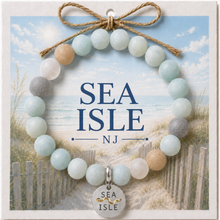 Load image into Gallery viewer, Carded Sea Isle Silvertone Beach Tag Amazonite Beaded Bracelet with twine bow

