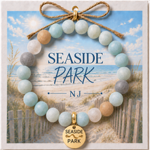 Load image into Gallery viewer, Carded Seaside Park Goldtone Beach Tag Amazonite Beaded Bracelet with twine bow
