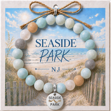 Load image into Gallery viewer, Carded Seaside Park Silvertone Beach Tag Amazonite Beaded Bracelet with twine bow

